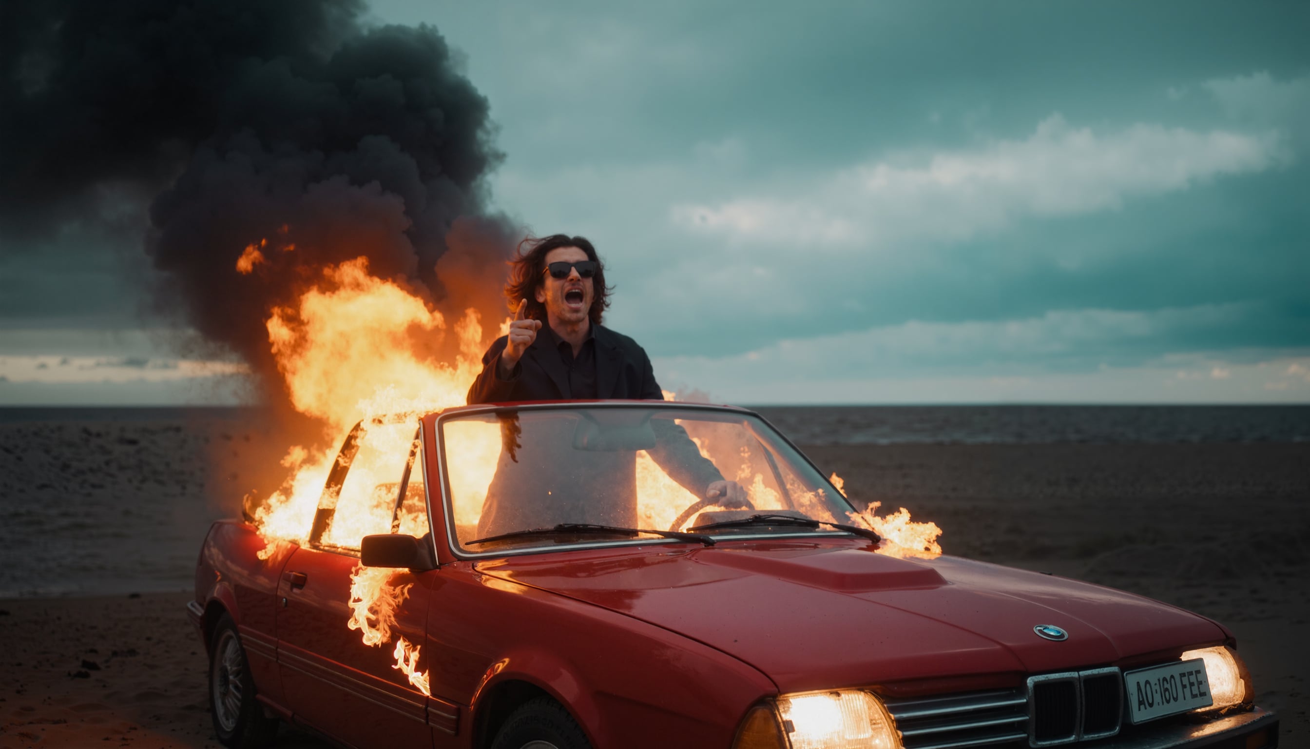 Stylized scene from 'Inferno Drive' music video with dynamic visuals